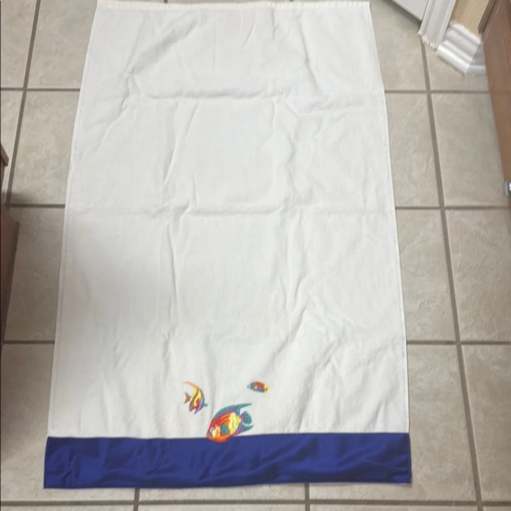 White Bath Towels With Colorful Embroidered Fish & Blue Border